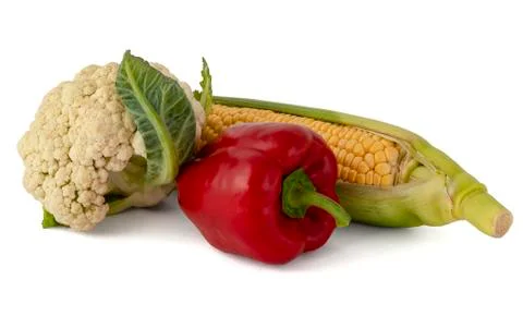 White cabbage broccoli red pepper and corn Stock Photos