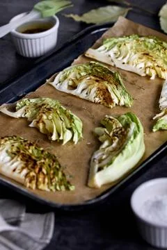White cabbage steaks. Grilled cabbage, veggie lunch. Stock Photos