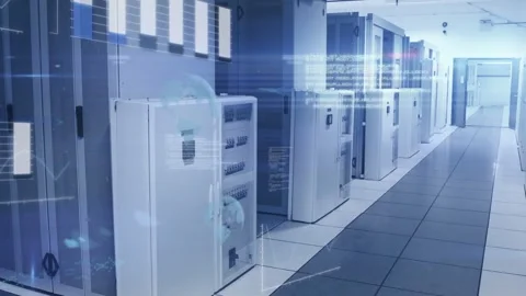 White cabinet, server racks receiving scan, animated HUD bars, code, globe Stock Footage 333351044