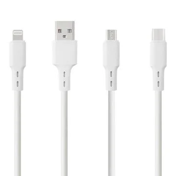 White cable for charging and synchronization with Type - C, USB, Micro USB,.. Stock Photos