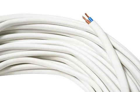 White Cable electrical power wire copper isolated on a white background. Foto stock