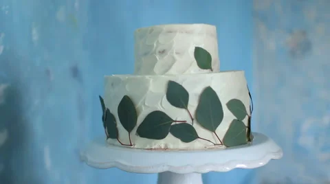 White Cake Fine Art on the Table. Fresh Leaves. Stock Footage 65497891