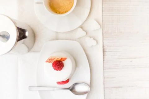 White cake with raspberry and coffee Stock Photos
