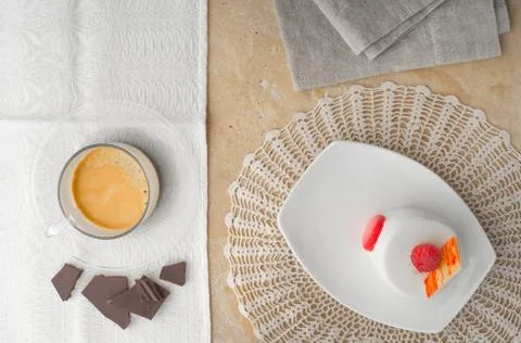White cake with raspberry, coffee and chocolate  top view Stock Photos