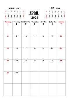 White calendar for April 2024 with previous and next months. New year 2024 .. Stock Illustration