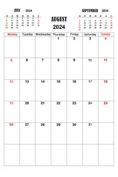 White calendar for August 2024 with previous and next months. New year 2024.. Stock Illustration
