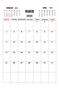 White calendar for March 2024 with previous and next months. New year 2024 co Stock Illustration