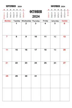 White calendar for OCTOBER 2024 with previous and next months. New year 202.. Stock Illustration