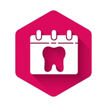 White Calendar with tooth icon isolated with long shadow. International Denti Stock Illustration