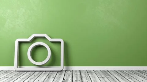 White Camera 3D Symbol Shape on Wooden Floor Against Green Wall with Copy Spa Illustrazione stock