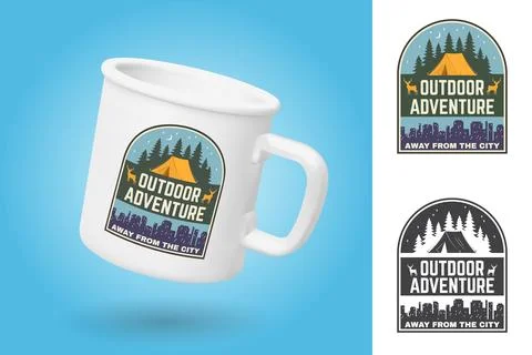 White camping cup. Realistic mug mockup template with sample design. Away from 스톡 일러스트