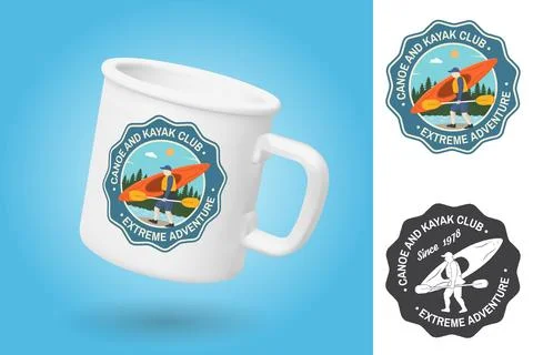 White camping cup. Realistic mug mockup template with sample design. Canoe and 스톡 일러스트