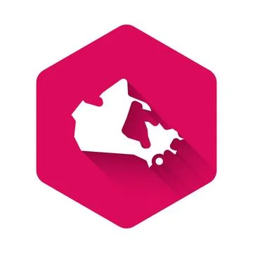 White Canada map icon isolated with long shadow. Pink hexagon button. Vector Stock Illustration