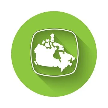 White Canada map icon isolated with long shadow background. Green circle bu.. Stock Illustration