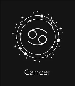 White Cancer sign with planets and stars on a black background Stock Illustration