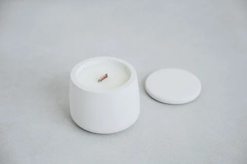 White Candle in Plaster Cache-pot, Lid is Close-up. Place for Label. Scented  Stock Photos