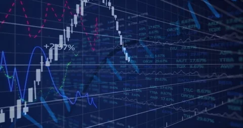 White candlestick chart pattern floating on blue trading dashboard showing Stockbeeldmateriaal 309067845
