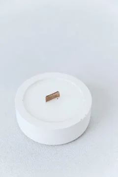 White Candlestick made of Plaster with Soy Wax on Light Background. DIY Soy C Stock Photos