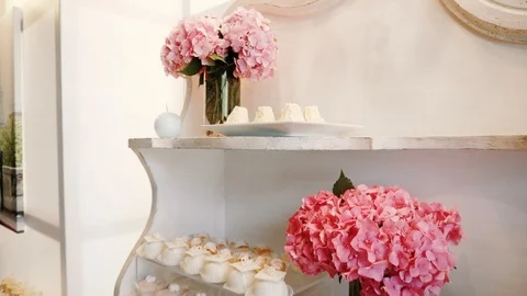 White Candy Bar Wedding, candy buffet. closeup move camera Stock Footage 86493423