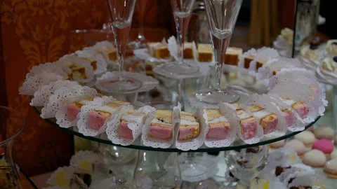 White Candy Bar Wedding, candy buffet. move camera closeup Stock Footage 225238844