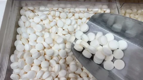 White candy scoop Detailed view of white chocolate chips being scooped with a Stock Footage 314097929