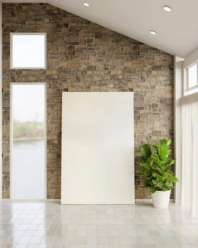 White canvas board leaning on bricks wall aside glass window and potted pla.. Stock Illustration