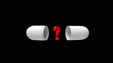 White capsule halves separate with a rotating red question mark, 3D animation. Stock Footage 335239527