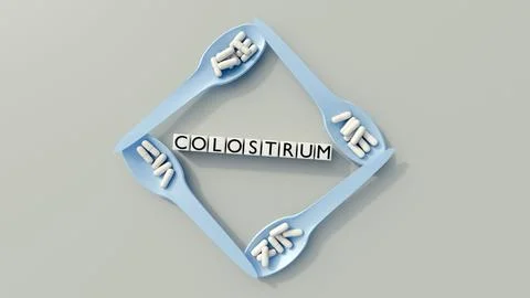 White capsules in light blue spoons and square blocks spelling "COLOSTRUM," Stock Illustration