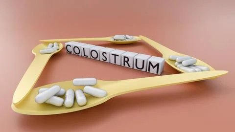 White capsules in light blue spoons and square blocks spelling "COLOSTRUM," Stock Illustration