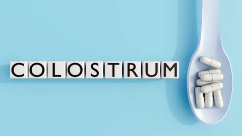 White capsules in light blue spoons and square blocks spelling "COLOSTRUM," Stock Illustration