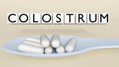 White capsules in light blue spoons and square blocks spelling "COLOSTRUM," Stock Illustration