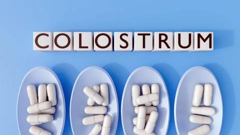 White capsules in light blue spoons and square blocks spelling "COLOSTRUM," Stock Illustration
