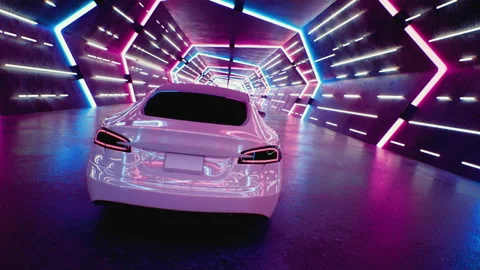 A white car drives fast through a neon tunnel Stock Footage 172096790