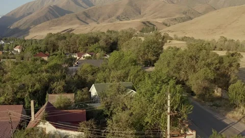 A white car is driving in the shade of trees on the road to the Ala-Archa Stock-Footage 259792212