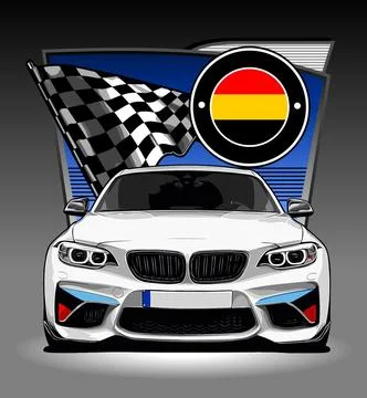 White car front view racing flag background Stock Illustration