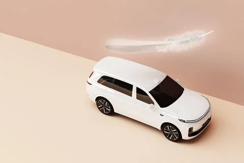 A white car is positioned on a smooth surface, while a stylized feather flo.. Stock Photos