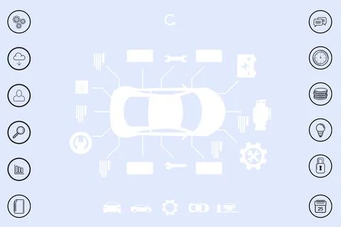 White car schematic is being shown in flat dashboard interface with component Stock Photos