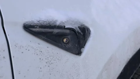 White Car Side Camera Covered In Snow With Dirty Texture Close Up Stock Footage 329632966