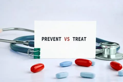 White card displaying PREVENT VS TREAT surrounded by medical stethoscope and  Fotos de archivo