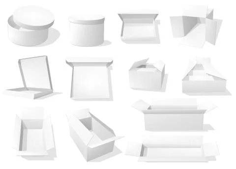 White cardboard boxes, paper package mockups Stock Illustration