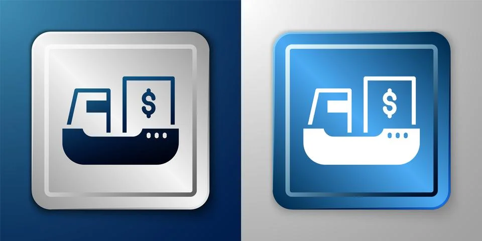 White Cargo ship with boxes delivery service icon isolated on blue and grey Illustration