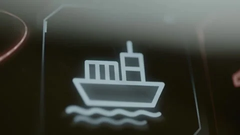 White cargo ship displayed inside hexagonal button Stock Footage 344841975