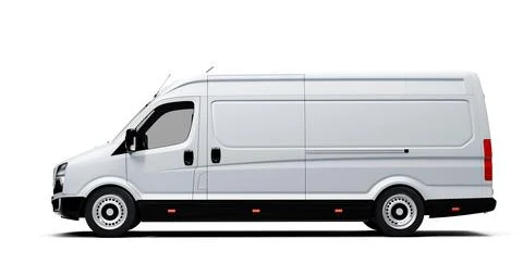 White cargo van with side profile on white background Stock Photos