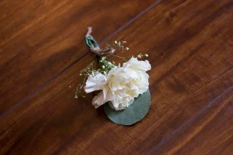 White Carnation and Eucalyptus Leaf Boutonniere on Wood Stock Photos