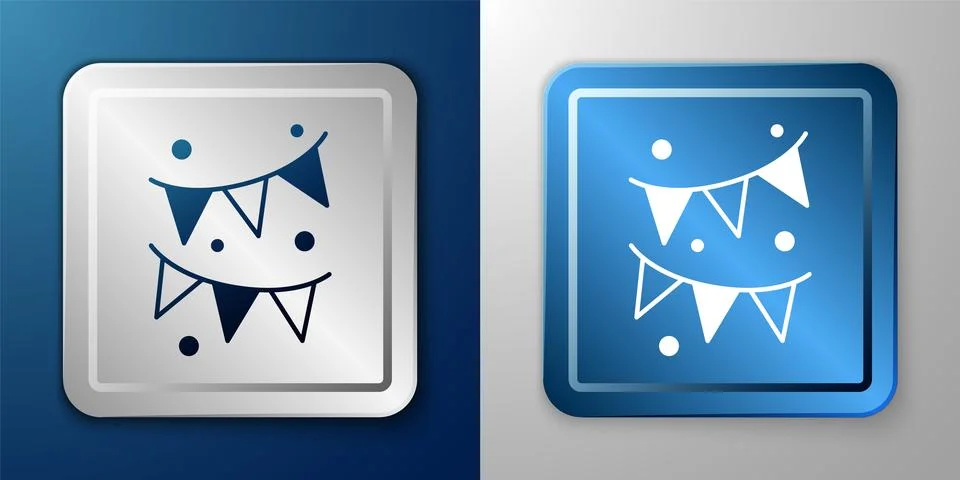 White Carnival garland with flags icon isolated on blue and grey background.. Illustrazione stock