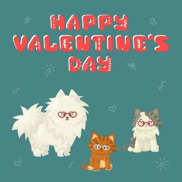 White cartoon isolated vector cute flat dog with two cats on blue or green ba Stock Illustration