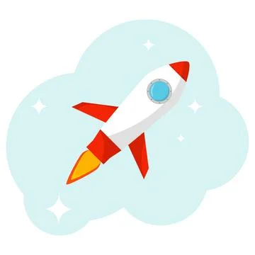 White cartoon rocket ship flying fast in light blue sky with clouds and stars イラスト素材