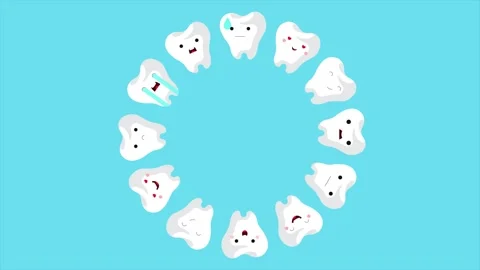 White cartoon teeth on a blue background are arranged in a circle and with d Stock Footage 256304304