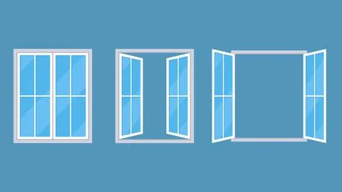 White Casement Window Open and Closed Set On Blue Backgrouind Stock Illustration
