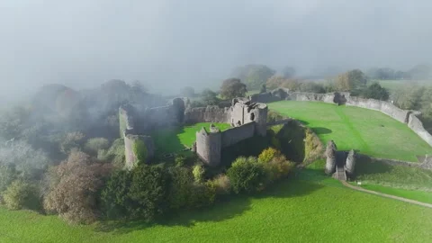 White Castle in the fog at morning from a drone, Monmouthshire, Wales, England Stock Footage 290473653